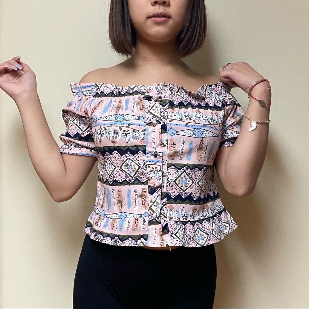 japanese print ruffle off-shoulder crop